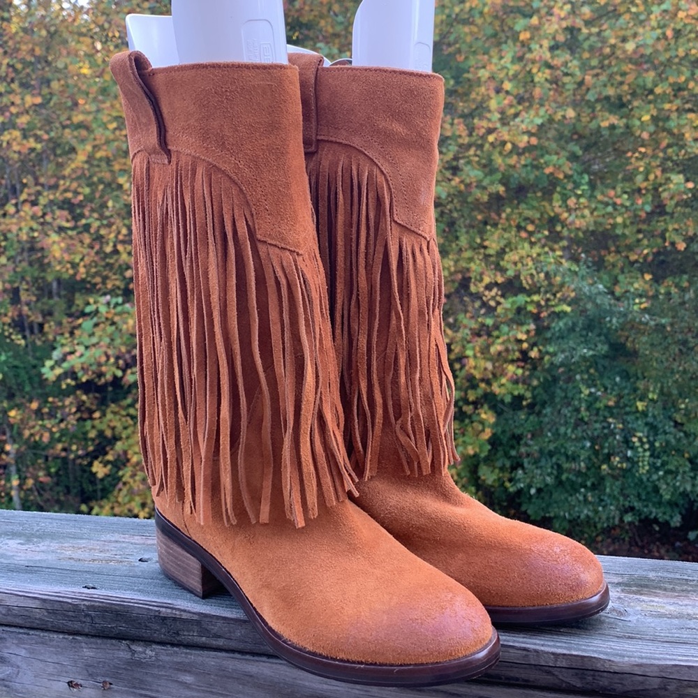 NEW Lucky Brand fringe leather suede Caleb oiled pull on boots boho